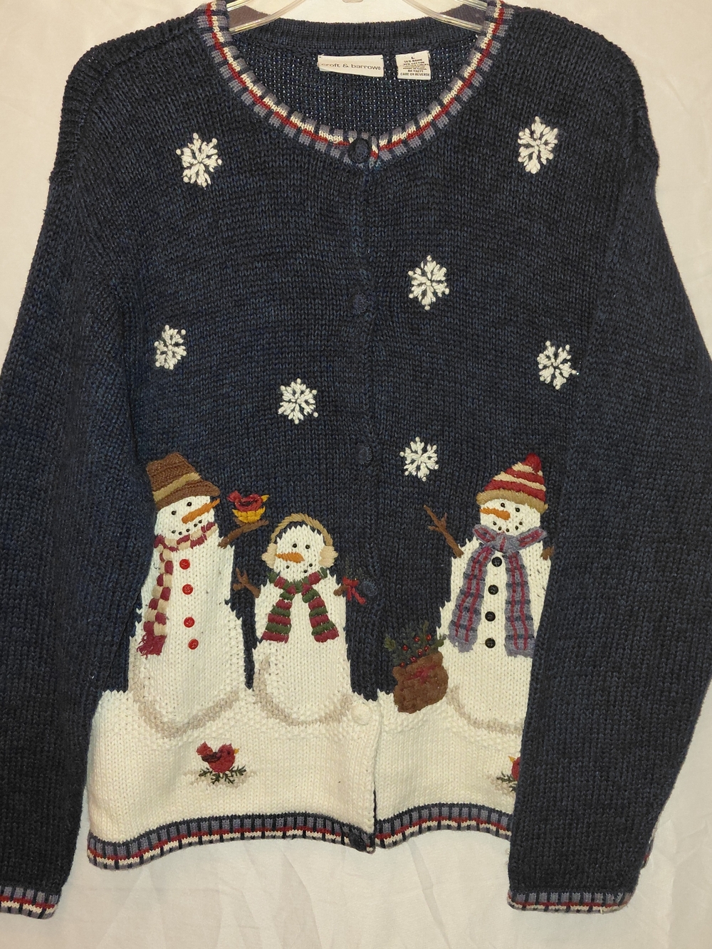 Vintage croft & barrow Navy Knit Snowman Cardigan with Cream Snowbank #2484